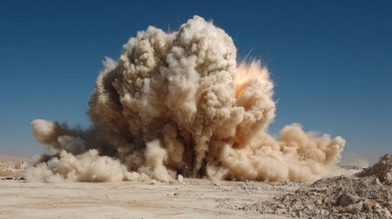A powerful explosion generates a towering cloud of dust and smoke against a clear blue sky in a desert landscape during the day. The scene captures the dramatic force of the blast.