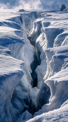 Obraz premium Deep snow crevasse revealing blue ice in winter landscape 