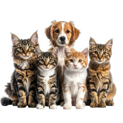 A group portrait of four kittens and one puppy posing together against a black background.