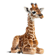 A charming baby giraffe sitting against a solid black background. © Abdul
