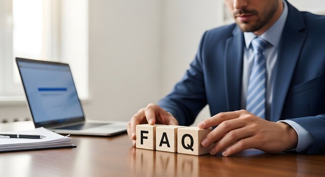 Business professional handling faq wooden blocks at office desk with laptop for corporate communication and customer support
