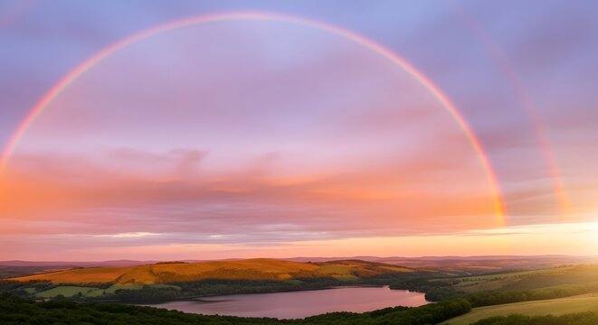 Majestic double rainbow over serene landscape at sunset for nature appreciation and print design