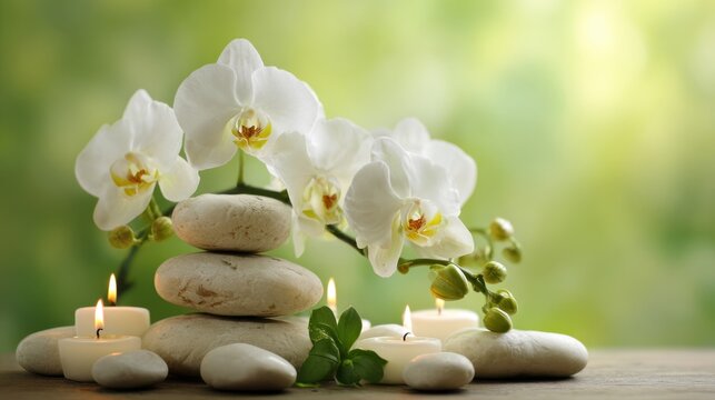 White orchids gently rest on a stack of smooth stones surrounded by lit candles. This serene scene captures a calming atmosphere in natural light perfect for relaxation.