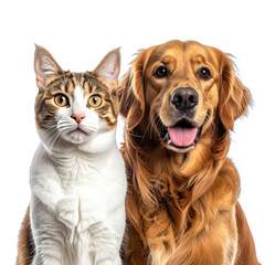 A striking portrait of a tabby cat and a happy golden retriever dog against a black background.