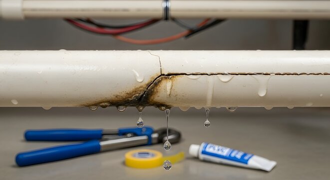 Damaged pipe leak with water dripping and tools for repair project