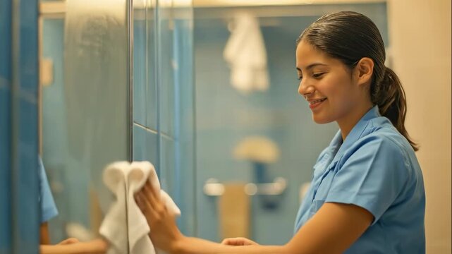 happy hispanic woman in blue uniform diligently cleans mirror in bathroom. professional housekeeper wiping glass with cloth. hospitality and sanitation services.