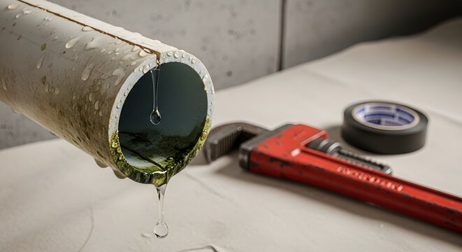 Plumbing maintenance concept with leaking pipe and wrench for repair solutions and home improvement