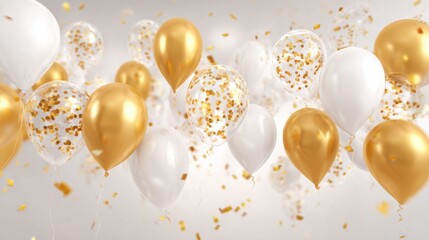 Bright white and shiny gold balloons are filled with colorful confetti creating a festive atmosphere perfect for celebrations. The scene captures the joy of special occasions.