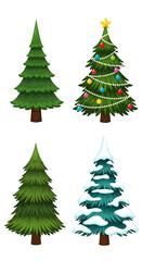 Obraz premium Four Christmas Trees - Decorated, Plain, and Snow-Covered Holiday Pines.