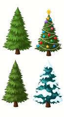 Four Christmas Trees - Unadorned, Decorated, Cartoon, and Snow-Covered.