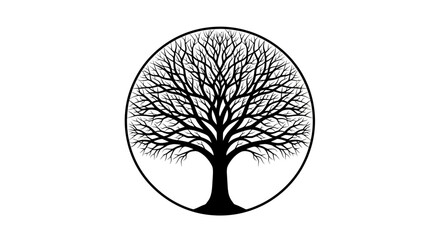 Silhouette of a bare tree inside a circle, representing nature and the cycle of life.