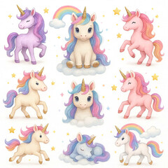 Naklejka premium Cute unicorn set with rainbow, stars and hearts. Bright colorful characters perfect for stickers, kids decor, stationery, prints, and kawaii-themed designs.
