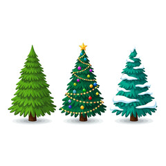 Three Christmas Trees - One Plain, One Decorated, One with Snow.