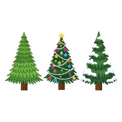 Three Christmas Trees - Plain, Decorated, and Snow-Covered Holiday Cheer.