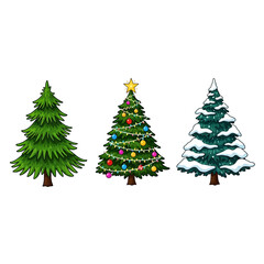 Three Christmas Trees - Plain, Decorated, and Snow-Covered Holiday Illustrations.