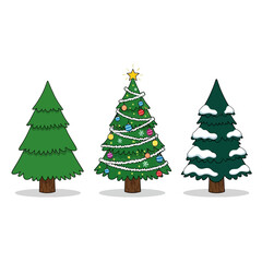 Three Christmas Trees - Plain, Decorated, and Snow-Covered Holiday Season.
