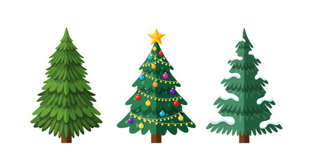 Three Christmas Trees - Plain, Decorated, and Snow-Covered.