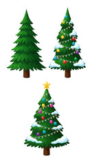 Three Christmas Trees - Unadorned, Decorated with Ornaments and Snow, and Topped with a Star.