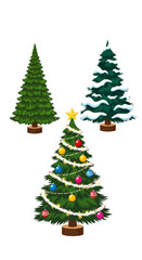 Three Christmas Trees - Unadorned, Snowy, and Decorated with Ornaments and Lights.