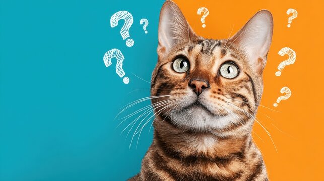 A tabby cat with striking green eyes looks up surrounded by colorful backgrounds. The cat appears curious as if pondering a question with floating question marks around it. - Powered by Adobe