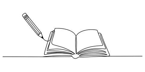 Continuous one line drawing of an open book with a pencil. minimalist design symbolizing education, creativity, and knowledge. Vector, illustration