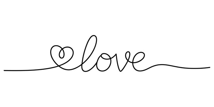 Minimalist single line drawing of the word "love" featuring an integrated heart symbol. elegant script lettering typography design on clean white background. Vector, illustration