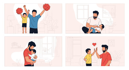 Fathers and sons share joyful moments of bonding, celebration, and love in four heartwarming scenes.
