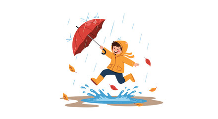 A happy child in a yellow raincoat jumps through a puddle with a red umbrella in the rain.