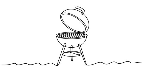 Continuous line drawing of an open charcoal kettle grill, perfect for outdoor barbecue, summer picnics, and garden cooking events. Vector, illustration