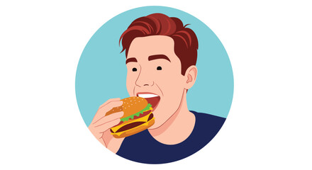 Young man with reddish brown hair eating a juicy cheeseburger with enthusiasm.