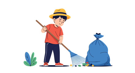 A boy wearing a hat rakes leaves into a large blue trash bag next to some plants.
