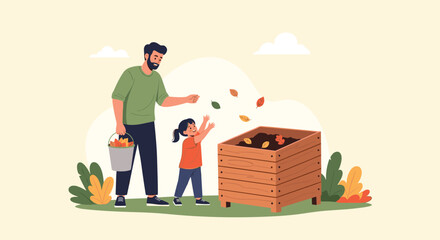 Father and daughter composting autumn leaves in a wooden bin outdoors.