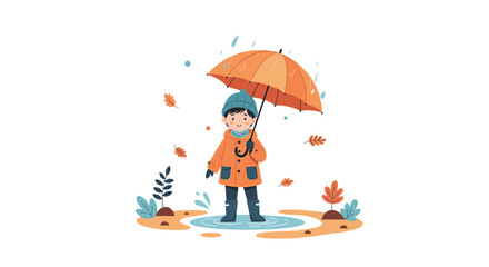 A young child in a warm coat and hat holds an orange umbrella in the rain surrounded by autumn leaves.