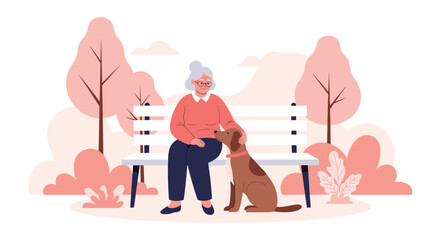 Elderly woman sitting on park bench petting her dog on a pleasant day.
