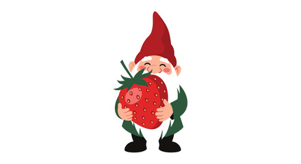 A cheerful gnome with a red hat holds a large strawberry with both hands.