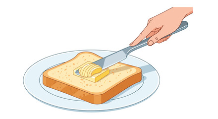 A hand spreading butter on a slice of toast with a knife on a plate.