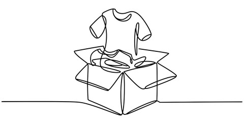 One continuous line art illustration of a minimalist t-shirt appearing from an open shipping box, concept of retail, delivery, ecommerce. Vector, illustration