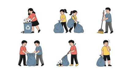 Illustrations of people collecting trash, cleaning, and being confused about waste management.