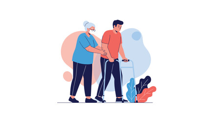 Elderly woman helps a young man use a walker with colorful abstract shapes in background.