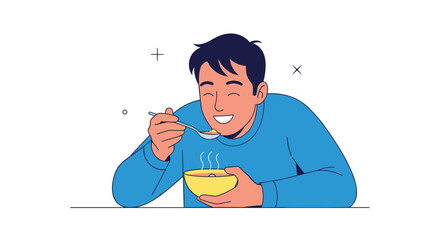 A man happily eats a bowl of hot soup with a spoon, steam rising.