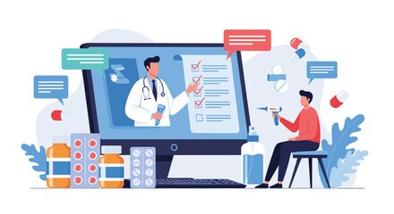 Doctor consulting patient online with prescription and medication icons.