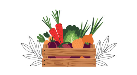 Wooden crate overflowing with fresh, colorful vegetables and leafy greens, surrounded by decorative outlines.
