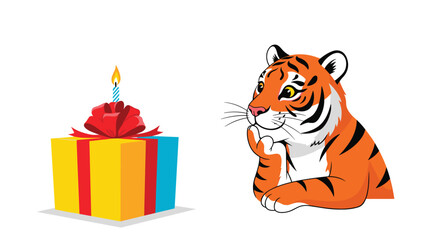 A cartoon tiger contemplates a brightly wrapped gift box with a lit birthday candle.