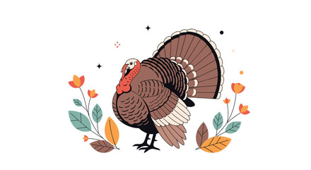 A decorative illustration of a turkey surrounded by autumn leaves and flowers.