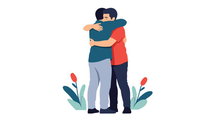 Two men embracing warmly in a hug surrounded by subtle floral elements.
