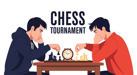 Two men playing a chess game during a tournament with a clock in the middle.