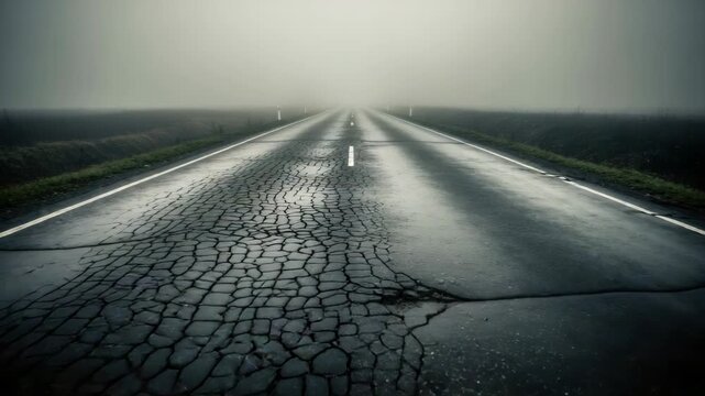 An empty cracked asphalt road disappearing into the dense morning fog. A moody and mysterious highway perspective leading to an unknown destination symbolizing a journey