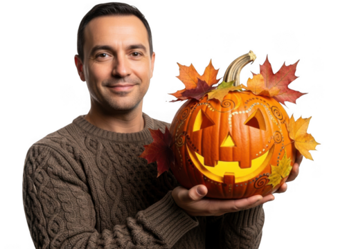 Smiling man in sweater presents a festive illuminated halloween pumpkin with decorative foliage transparent background