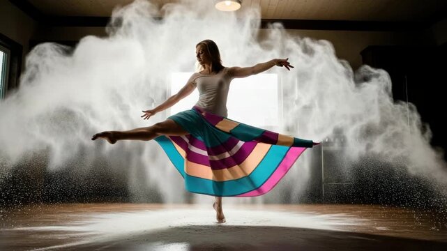 Sequence of a talented female dancer in a colorful skirt performing in a cloud of white powder. Expressive contemporary dance concept showing freedom, energy and artistic movement