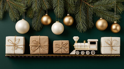 A festive Christmas scene with wrapped gifts, gold baubles and a white train ornament arranged beside pine branches on a green backdrop, conveying seasonal celebration and holiday greeting